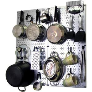 imageWall Control Kitchen Pegboard Organizer Pots and Pans Storage Rack Organization Kit with White Pegboard and White AccessoriesSilver Metallic