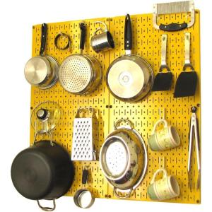 imageWall Control Kitchen Pegboard Organizer Pots and Pans Storage Rack Organization Kit with White Pegboard and White AccessoriesYellowWhite
