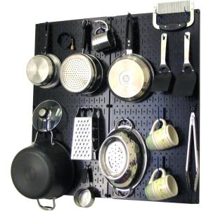 imageWall Control Kitchen Pegboard Organizer Pots and Pans Storage Rack Organization Kit with White Pegboard and White AccessoriesBlack Pegboard Blue Accessories