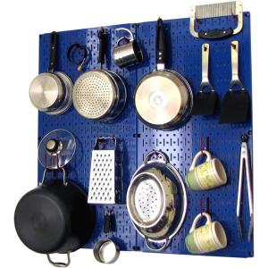 imageWall Control Kitchen Pegboard Organizer Pots and Pans Storage Rack Organization Kit with White Pegboard and White AccessoriesBlue Pegboard Red Accessories