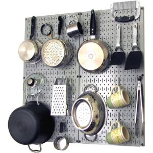 imageWall Control Kitchen Pegboard Organizer Pots and Pans Storage Rack Organization Kit with White Pegboard and White AccessoriesGrey Pegboard White Accessories