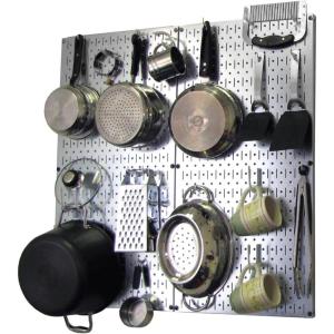 imageWall Control Kitchen Pegboard Organizer Pots and Pans Storage Rack Organization Kit with White Pegboard and White AccessoriesMetallic Silver Pegboard White Accessories