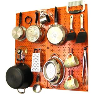 imageWall Control Kitchen Pegboard Organizer Pots and Pans Storage Rack Organization Kit with White Pegboard and White AccessoriesOrange Pegboard Blue Accessories