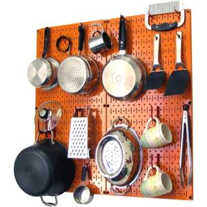 imageWall Control Kitchen Pegboard Organizer Pots and Pans Storage Rack Organization Kit with White Pegboard and White AccessoriesOrange Pegboard Red Accessories