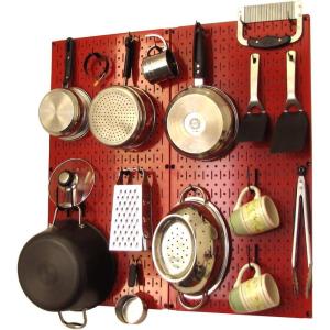 imageWall Control Kitchen Pegboard Organizer Pots and Pans Storage Rack Organization Kit with White Pegboard and White AccessoriesRed Pegboard Black Accessories