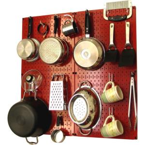 imageWall Control Kitchen Pegboard Organizer Pots and Pans Storage Rack Organization Kit with White Pegboard and White AccessoriesRed Pegboard White Accessories