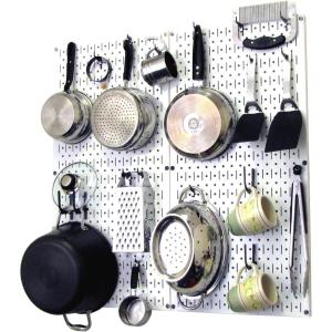 imageWall Control Kitchen Pegboard Organizer Pots and Pans Storage Rack Organization Kit with White Pegboard and White AccessoriesWhite Pegboard Black Accessories