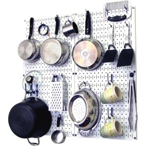 imageWall Control Kitchen Pegboard Organizer Pots and Pans Storage Rack Organization Kit with White Pegboard and White AccessoriesWhite Pegboard Blue Accessories