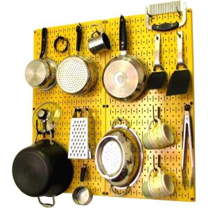 imageWall Control Kitchen Pegboard Organizer Pots and Pans Storage Rack Organization Kit with White Pegboard and White AccessoriesYellow Pegboard Black Accessories