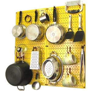 imageWall Control Kitchen Pegboard Organizer Pots and Pans Storage Rack Organization Kit with White Pegboard and White AccessoriesYellow Pegboard Red Accessories