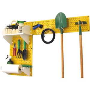 imageWall Control Pegboard Garden Supplies Storage and Organization Garden Tool Organizer Kit with Black Pegboard and White AccessoriesYellow Pegboard White Accessories