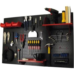 imageWall Control Pegboard Organizer 4 ft Metal Pegboard Standard Tool Storage Kit with Black Toolboard and Black AccessoriesBlack Pegboard with Red Accessories