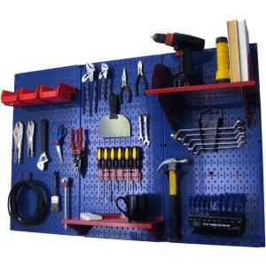 imageWall Control Pegboard Organizer 4 ft Metal Pegboard Standard Tool Storage Kit with Black Toolboard and Black AccessoriesBlue Pegboard with Red Accessories