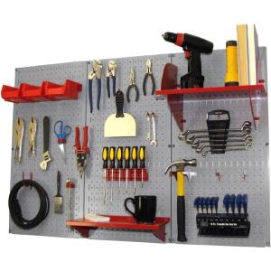 imageWall Control Pegboard Organizer 4 ft Metal Pegboard Standard Tool Storage Kit with Black Toolboard and Black AccessoriesGray Pegboard with Red Accessories