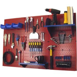 imageWall Control Pegboard Organizer 4 ft Metal Pegboard Standard Tool Storage Kit with Black Toolboard and Black AccessoriesRed Pegboard Blue Accessories